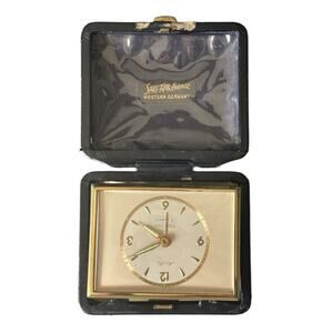 Saks Fifth Marithe Germany Vintage Travel Alarm Watch/Clock Gold Leather Case